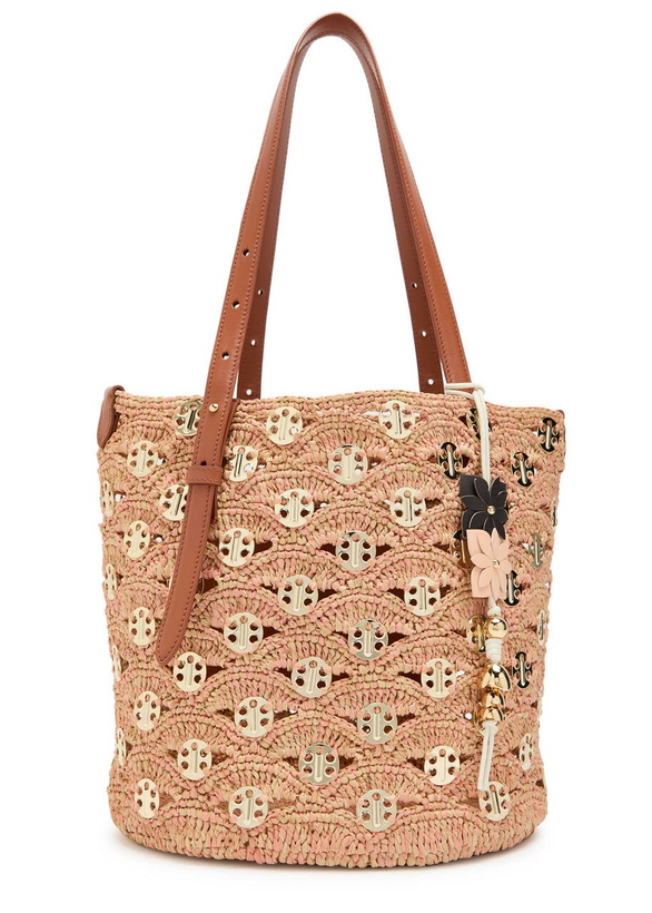 Photo: Rabanne Disc-embellished Raffia Bucket Tote bag - Peach - One Size