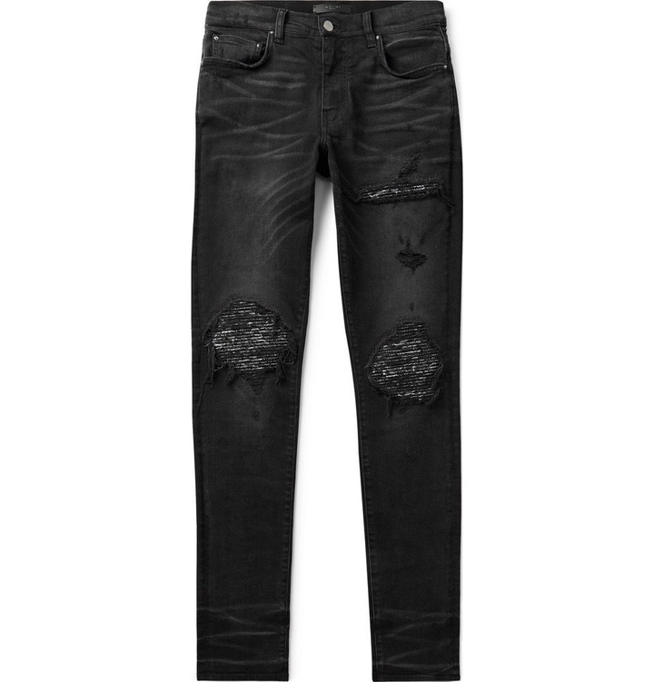 Photo: AMIRI - MX1 Skinny-Fit Panelled Distressed Stretch-Denim Jeans - Black