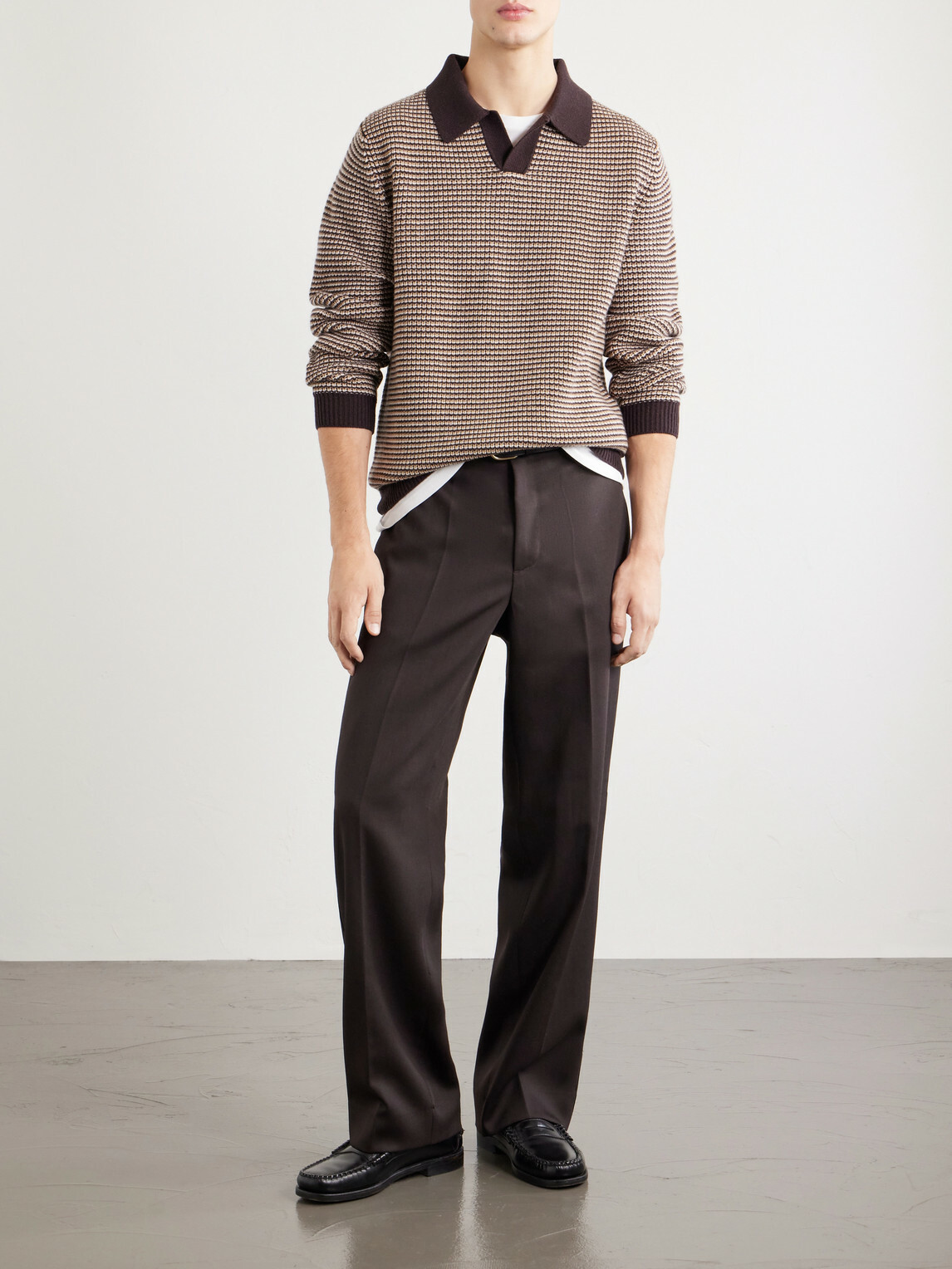 Lardini - Striped Camp-Collar Wool and Cashmere Blend Sweater - Brown