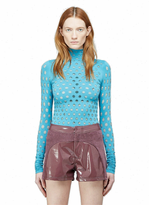 Photo: Knitted Perforated Turtleneck Top in Blue