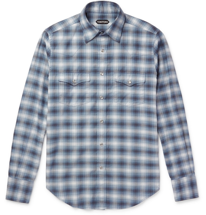 Photo: TOM FORD - Slim-Fit Checked Cotton Western Shirt - Blue