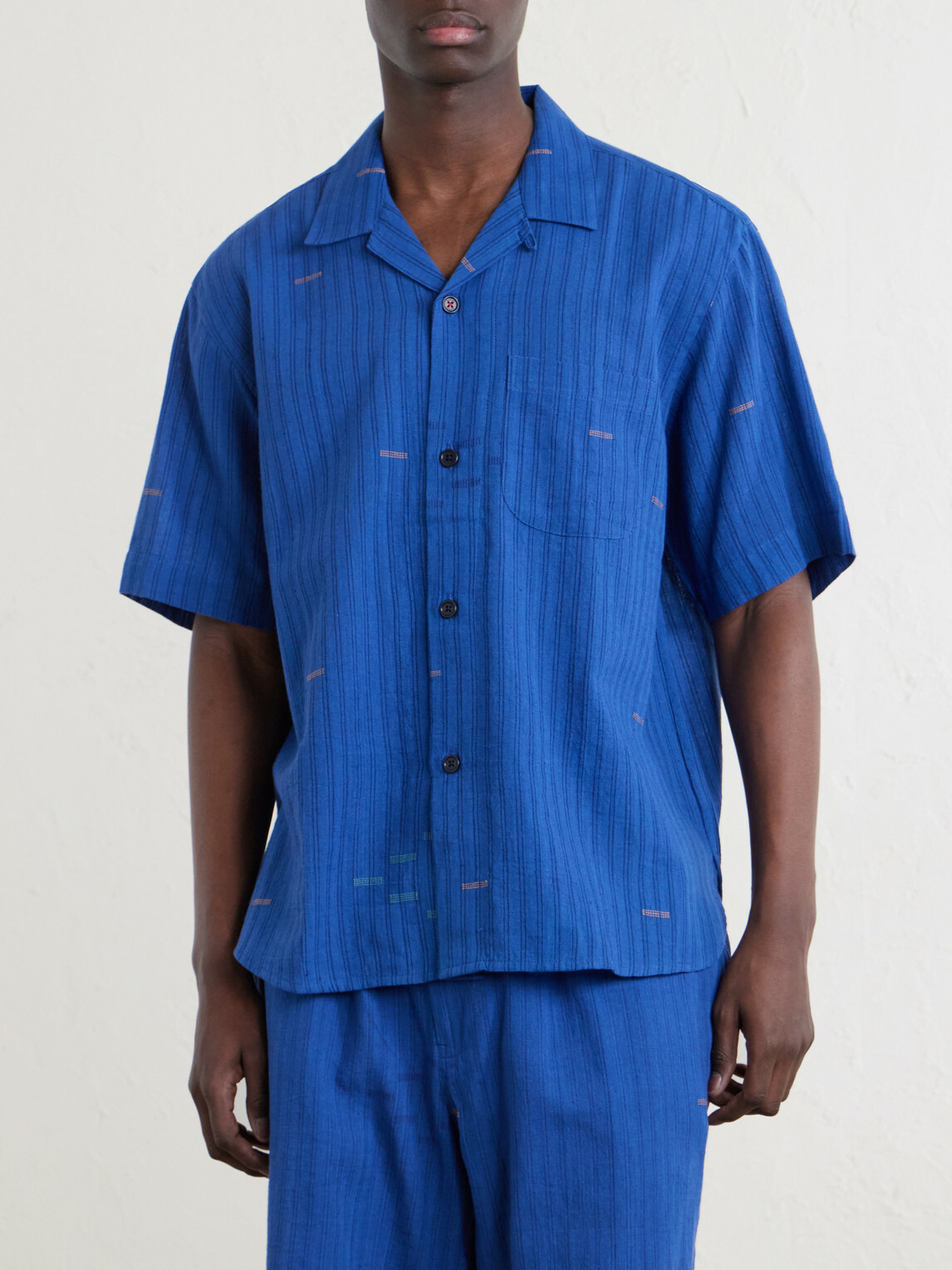 Kardo - Ronald Convertible-Collar Embroidered Striped Cotton Shirt - Blue