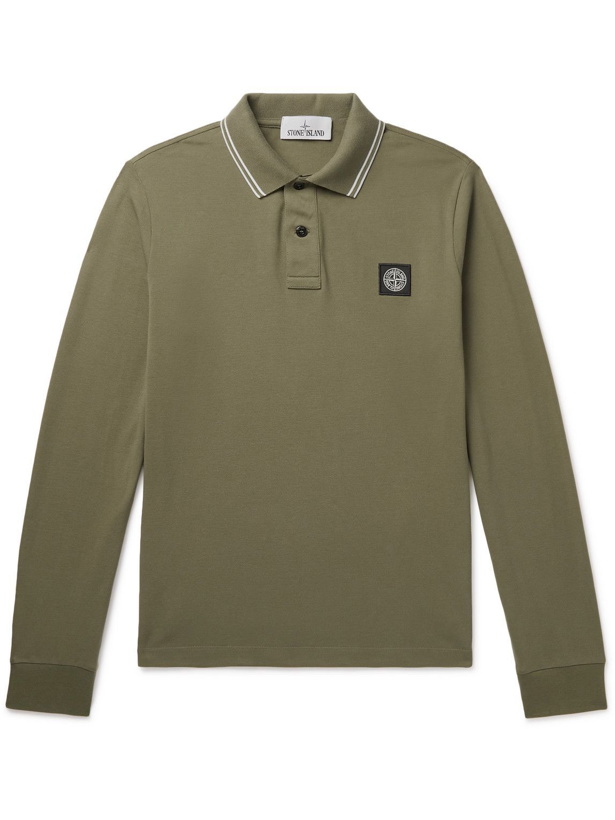 Photo: Stone Island - Slim-Fit Logo-Appliquéd Contrast-Tipped Stretch-Cotton Piqué Polo Shirt - Green