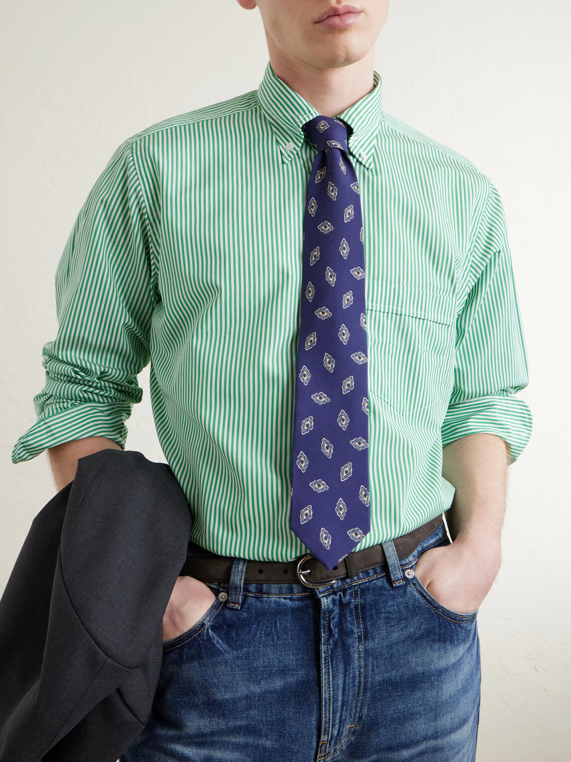 Drake's - Button-Down Collar Striped Cotton-Poplin Shirt - Green
