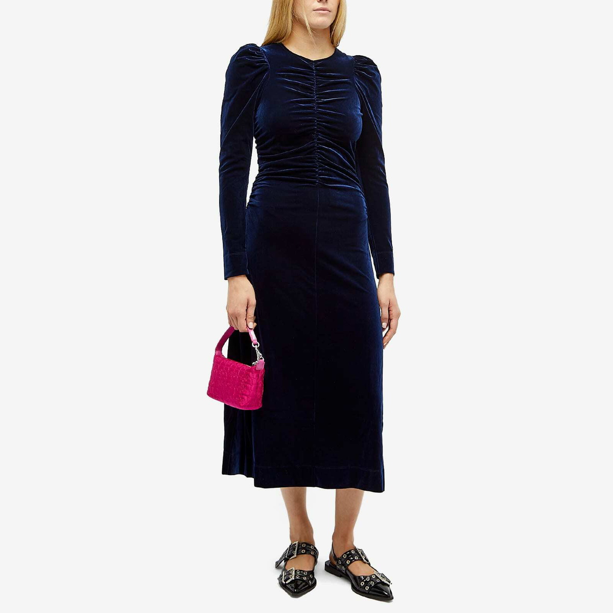 GANNI Women's Velvet Jersey Gathered Maxi Dress in Total Eclipse GANNI