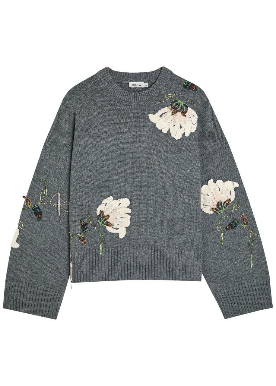 Simkhai Dawna Floral-embellished Wool-blend Jumper Grey