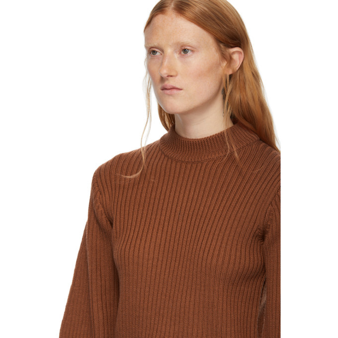 Tibi Brown Merino Rib Slit Neck Pullover Sweater