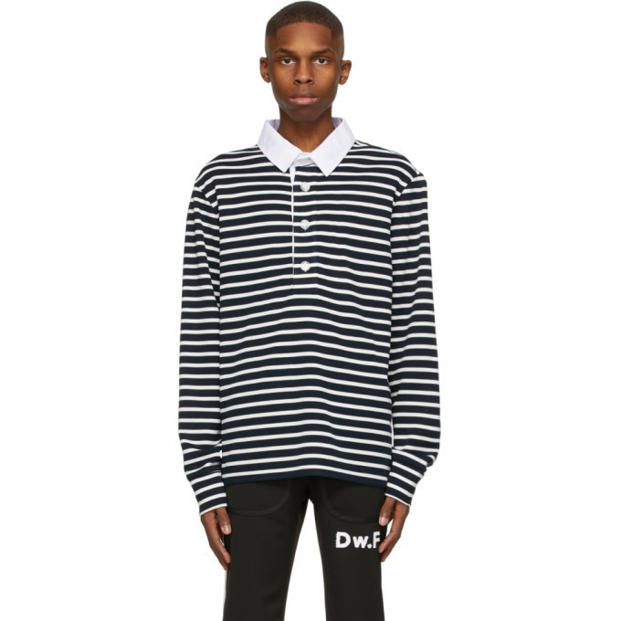 Photo: Daniel W. Fletcher Navy and White Striped Rugby Long Sleeve Polo
