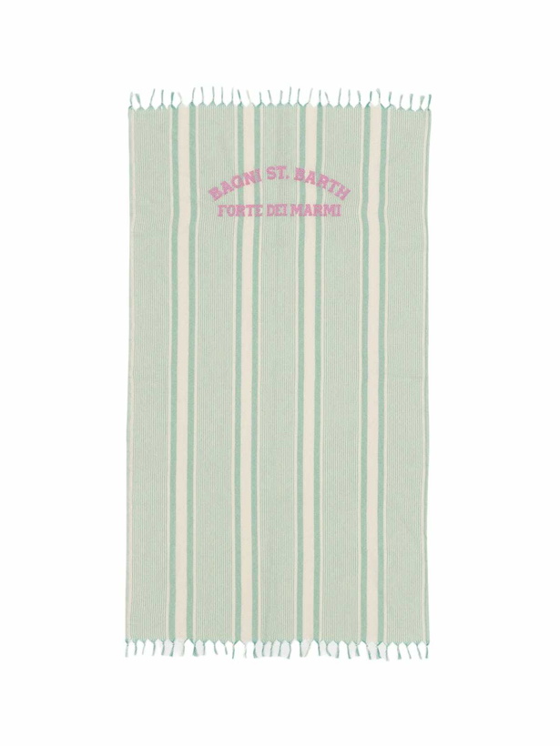 Photo: MC2 Saint Barth Light Cotton Beach Towel Fouta With Water Green Striped Print And Embroidery