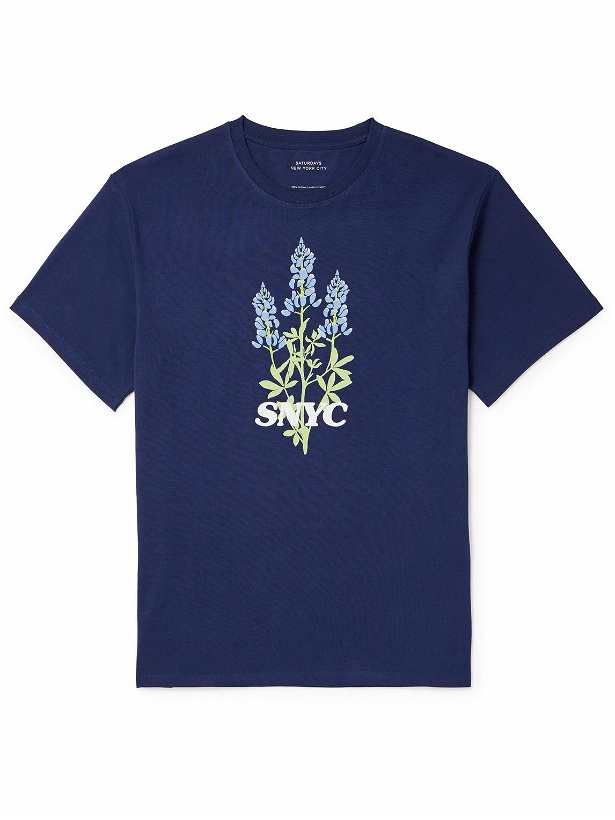 Photo: Saturdays NYC - Blue Bonnets Logo-Print Cotton-Jersey T-Shirt - Blue