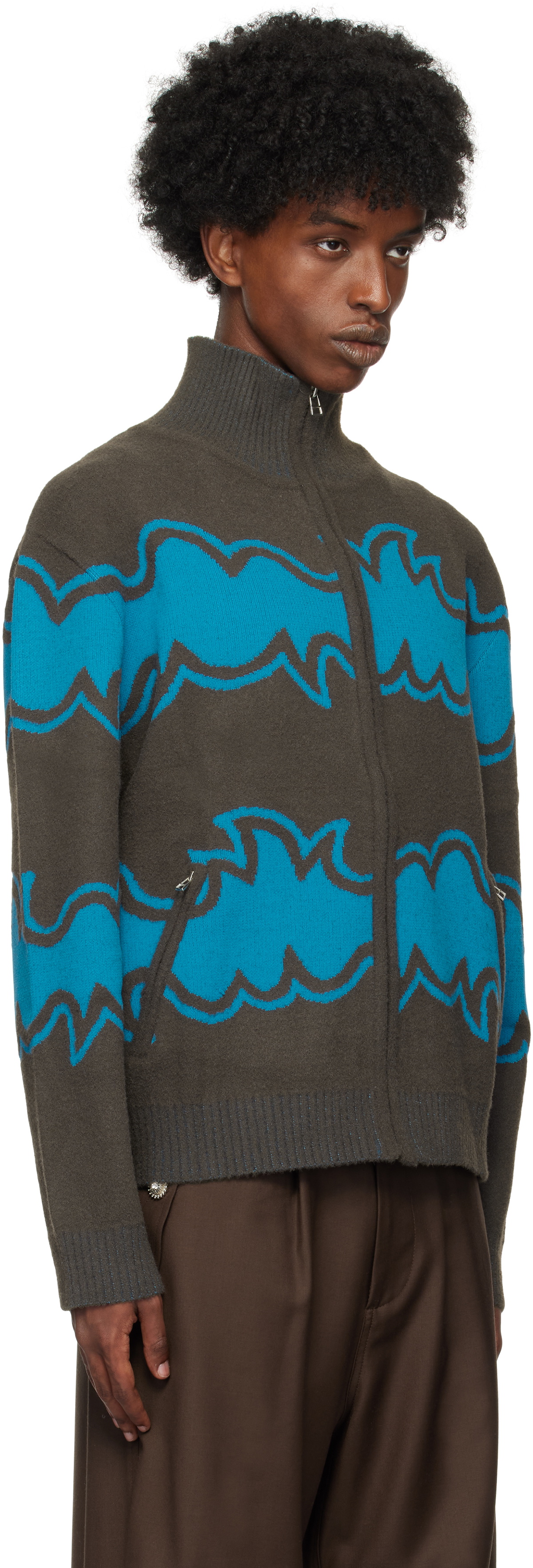 BLUEMARBLE Brown & Blue Zipped Jacquard Jacket