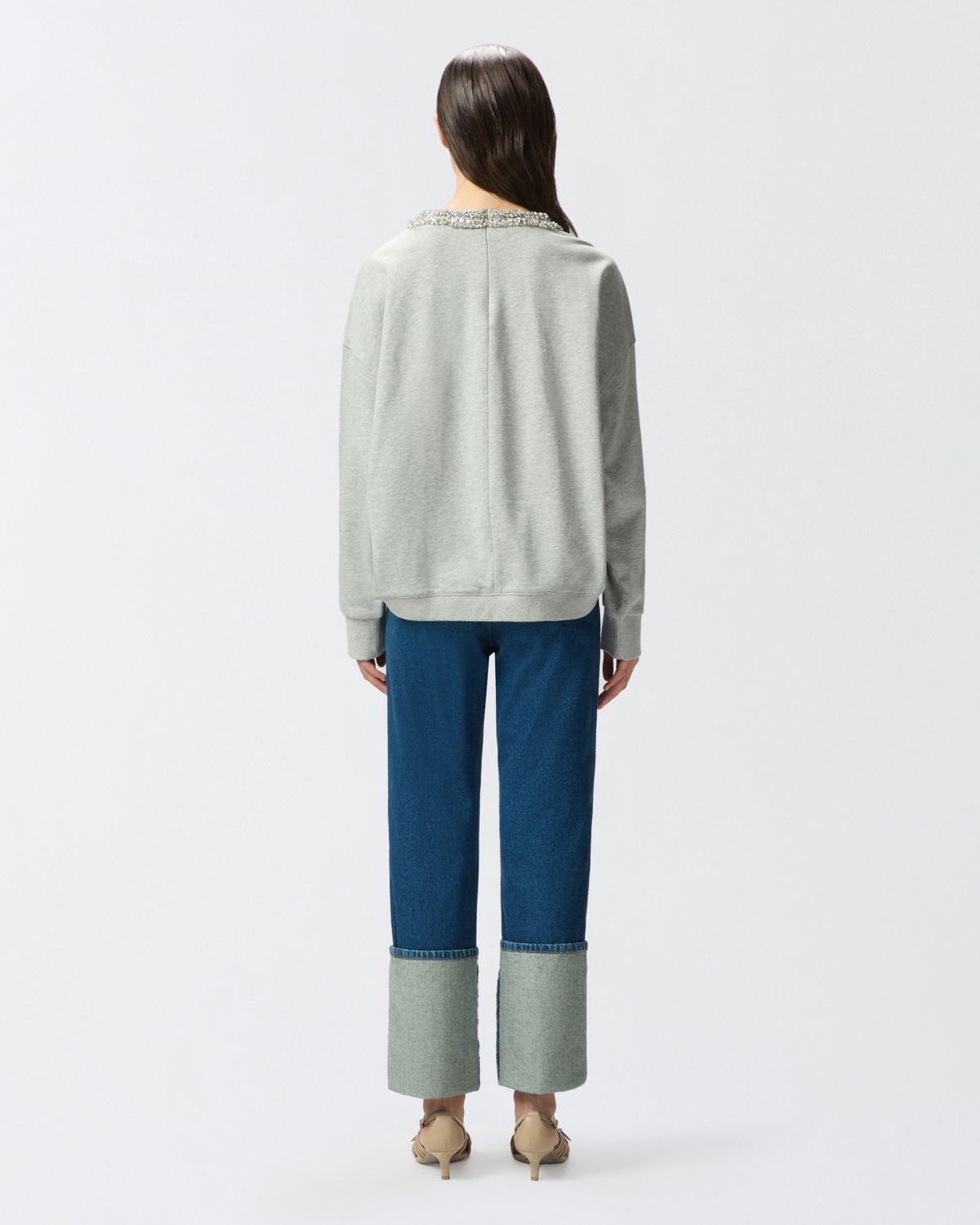 Pinko Sweatshirt With Jewel Embroidery On The Neck Drizzle Grey