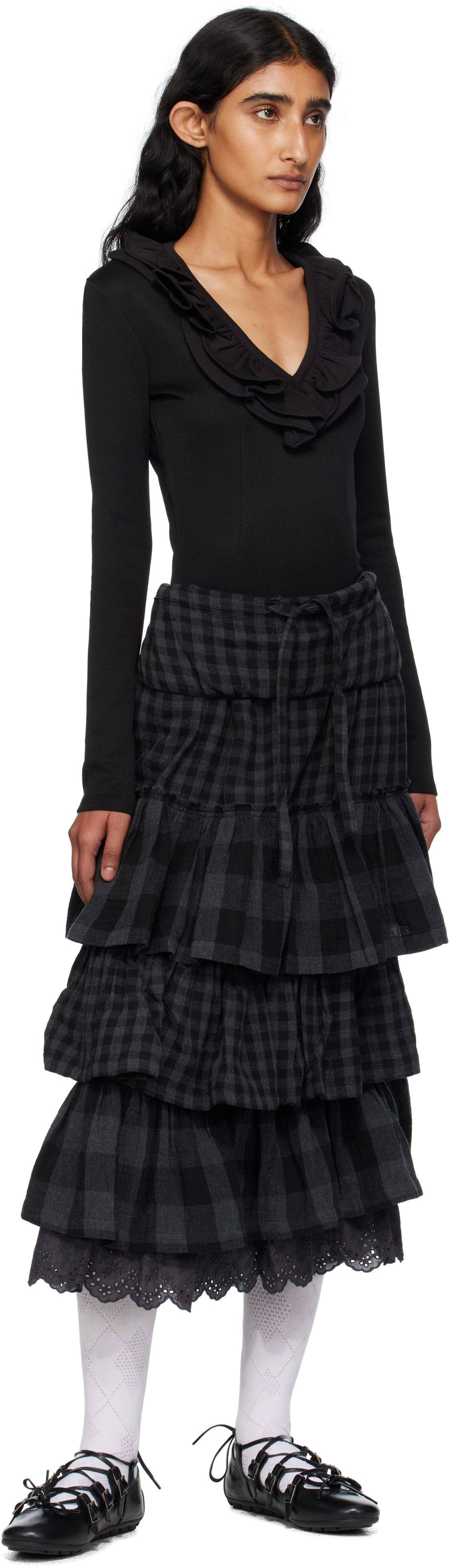 OPEN YY Black Rolled Waist Tiered Midi Skirt