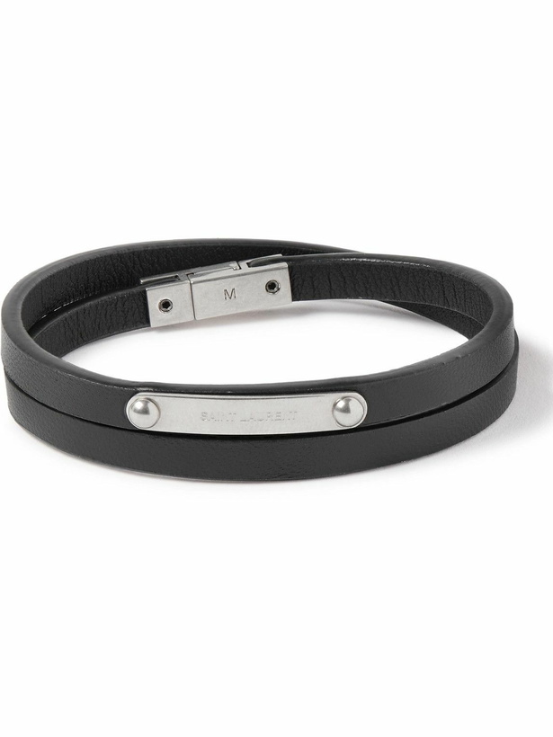 Photo: SAINT LAURENT - Leather and Silver-Tone Wrap Bracelet - Black