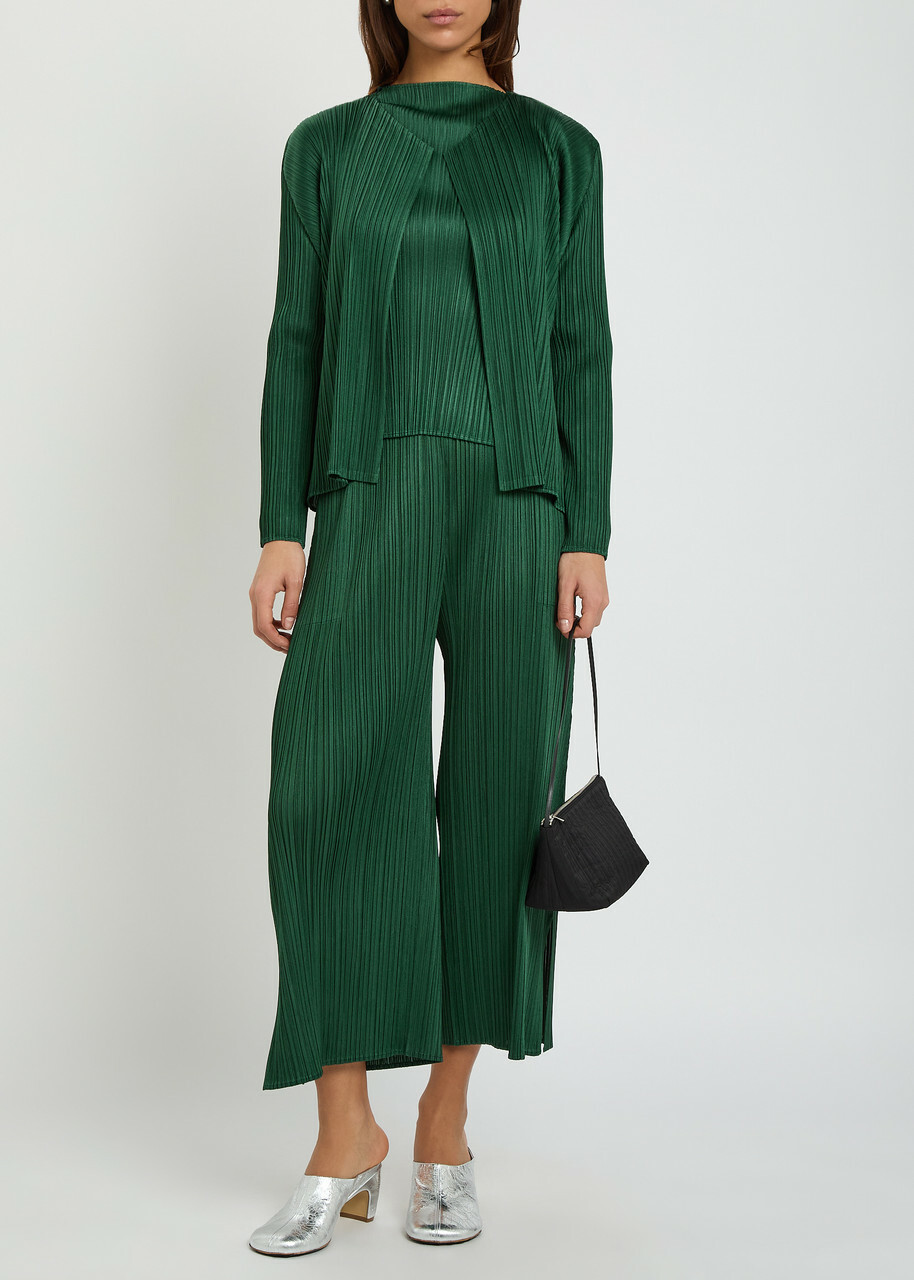 Pleats Please Issey Miyake Pleated Woven Cardigan Dark Green