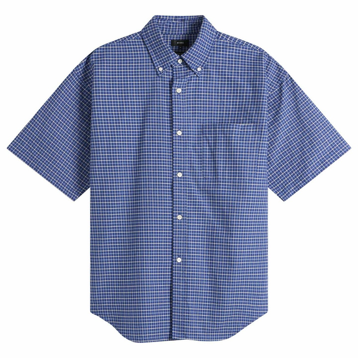 Photo: BEAMS Men's Oxford Button Down Half Sleeve Shirt in Blue Check