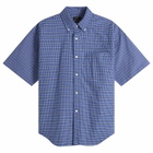 BEAMS Men's Oxford Button Down Half Sleeve Shirt in Blue Check