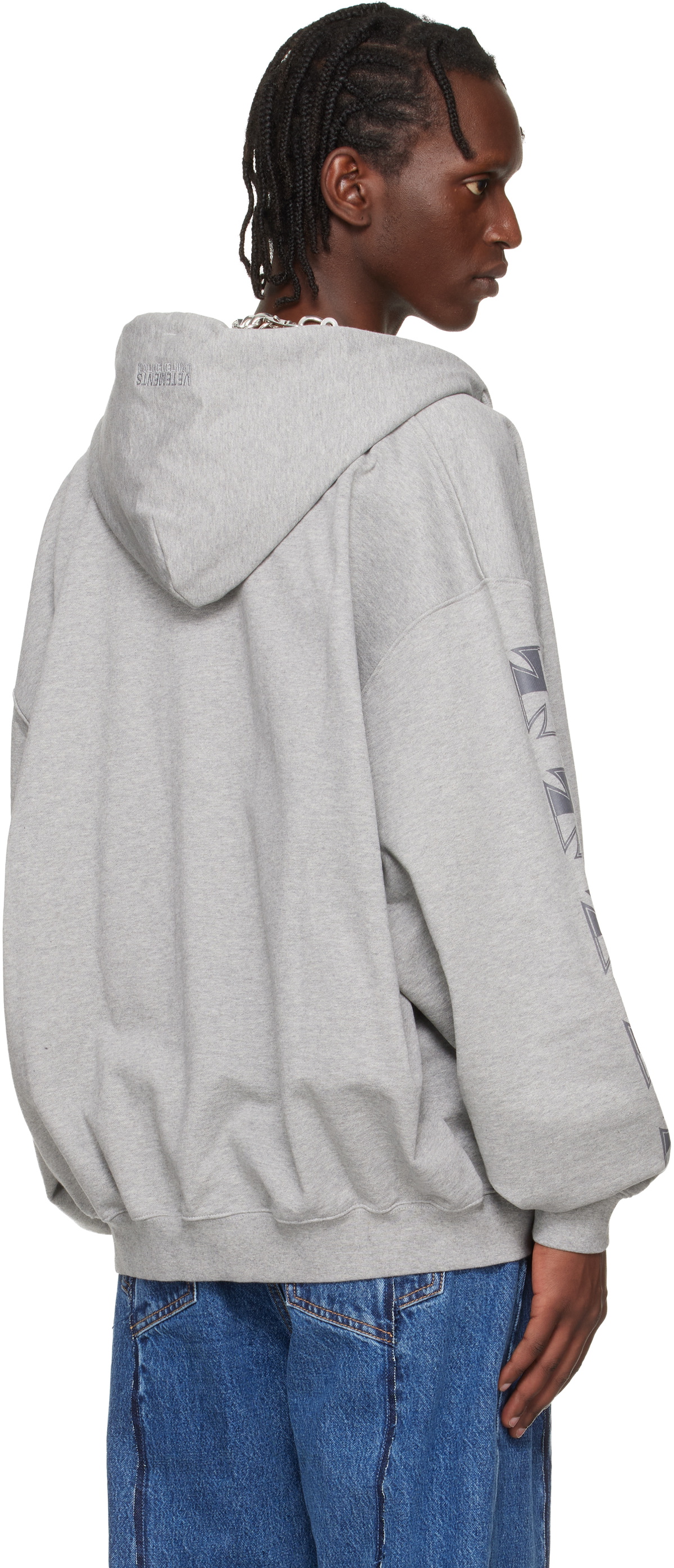 VETEMENTS Gray Biker Cross Sleeves Zip-Up Hoodie