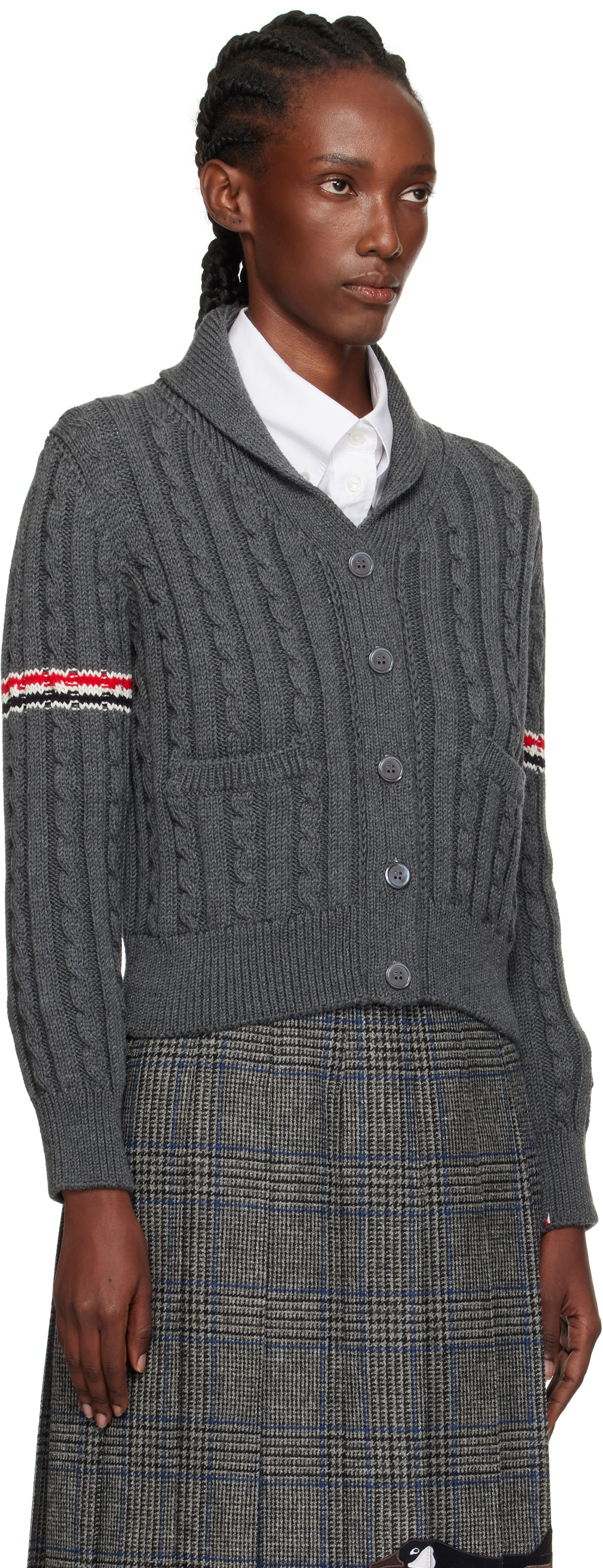 Thom Browne Gray Baby Cable Stitch Shawl Collar Cardigan