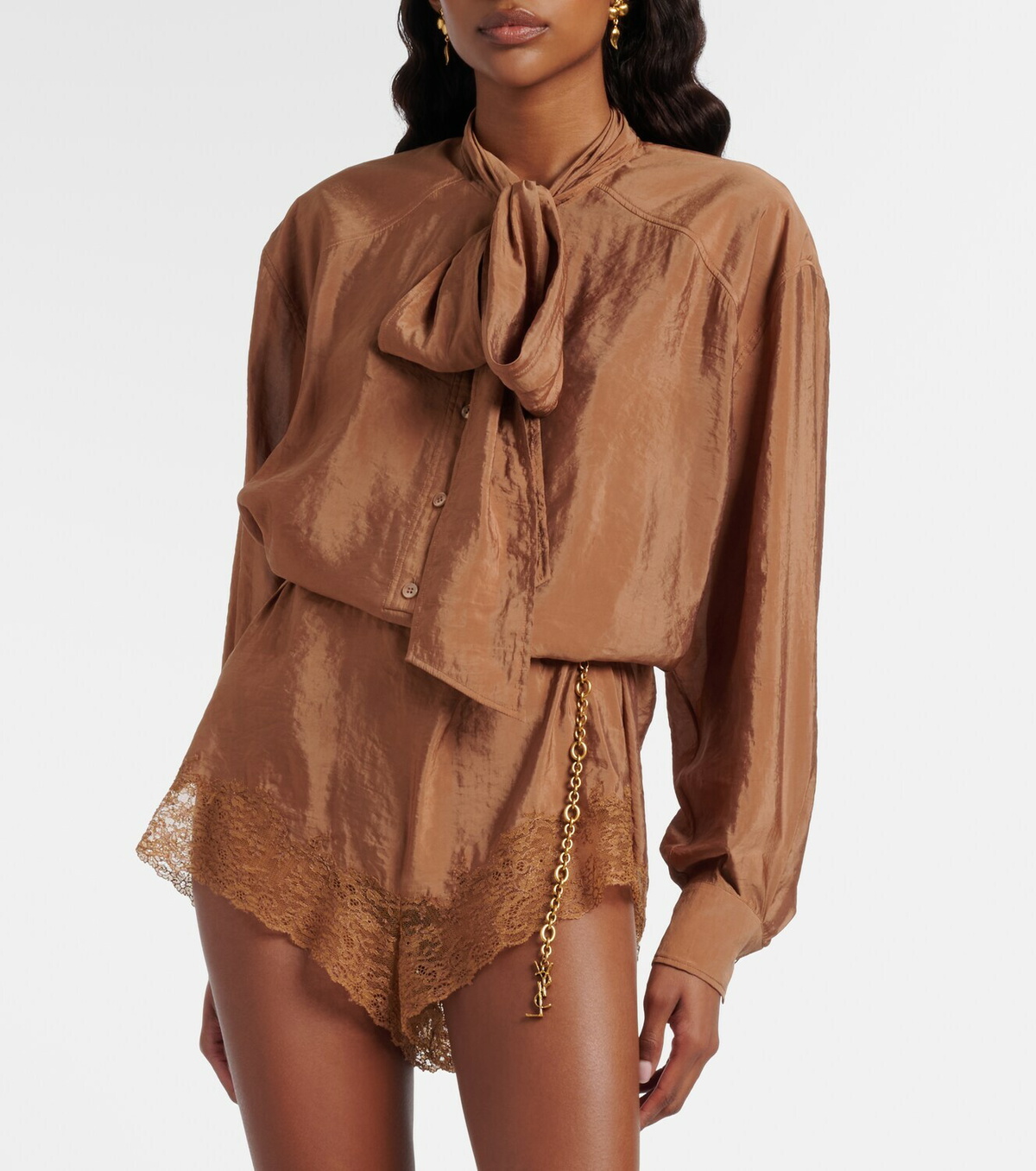 Saint Laurent Lace-trimmed tie-neck romper