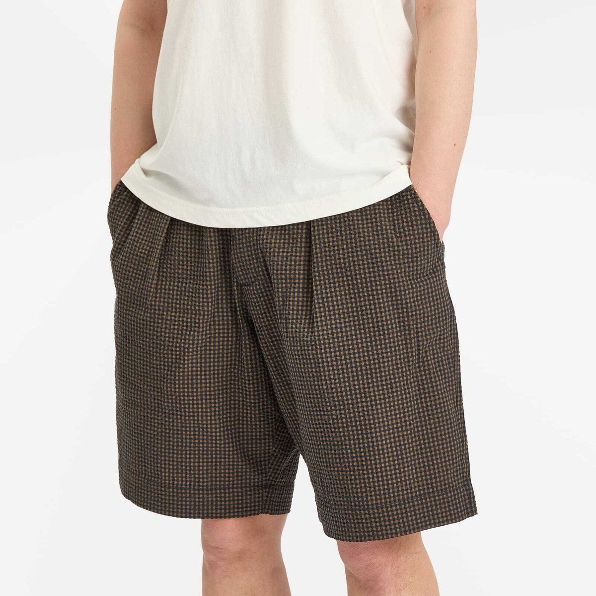 Universal Works Men's Japanese Seersucker Pleated Track Shorts in Navy