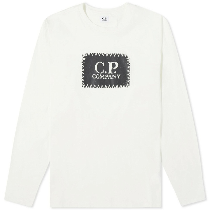 Photo: C.P. Company Men's Box Logo Longsleeve T-Shirt in Gauze White