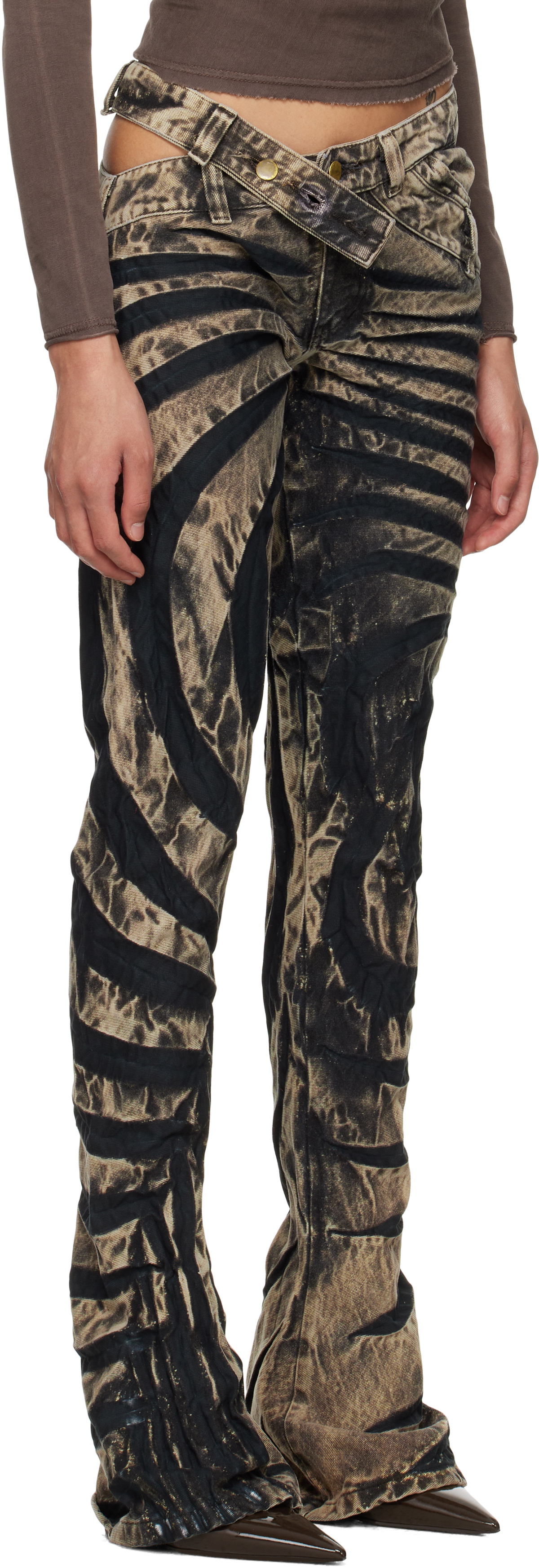Masha Popova Beige & Black Asymmetric Ripple Skinny Jeans