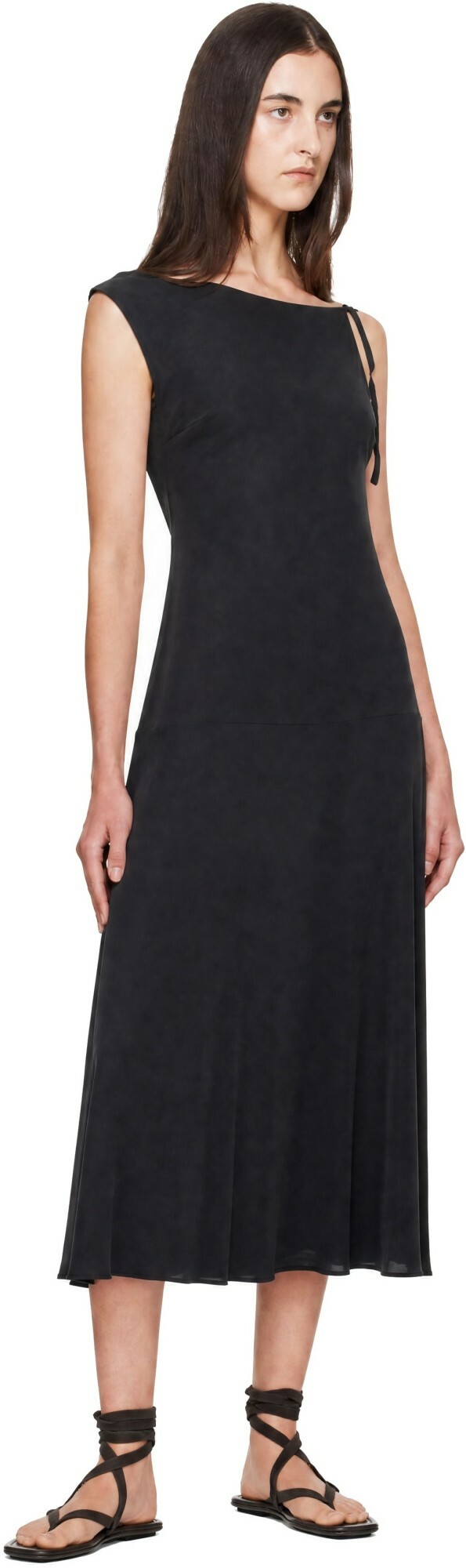St. Agni Black Silk Drape Back Midi Dress