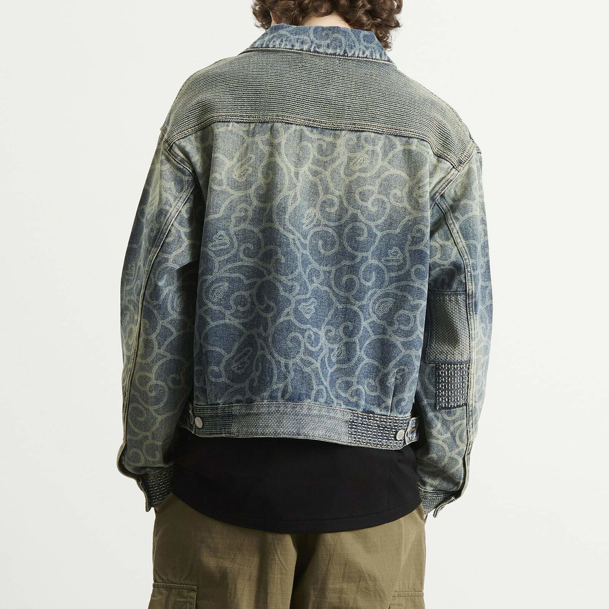 A Bathing Ape Men's Cloud Camo Upcycled Denim Trucker Jacket in Navy