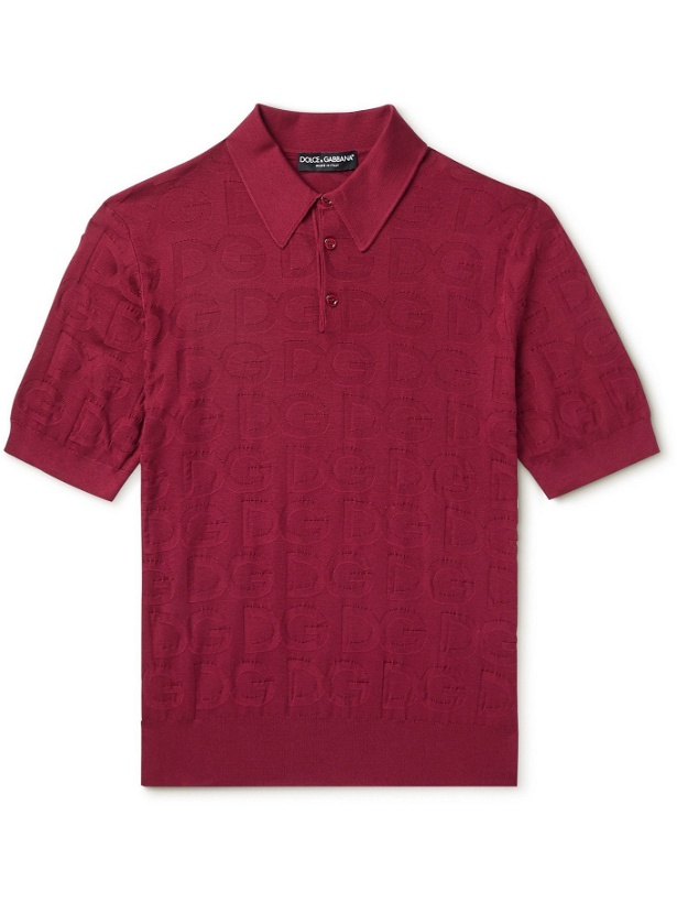Photo: DOLCE & GABBANA - Slim-Fit Logo-Jacquard Silk Polo Shirt - Burgundy - IT 44