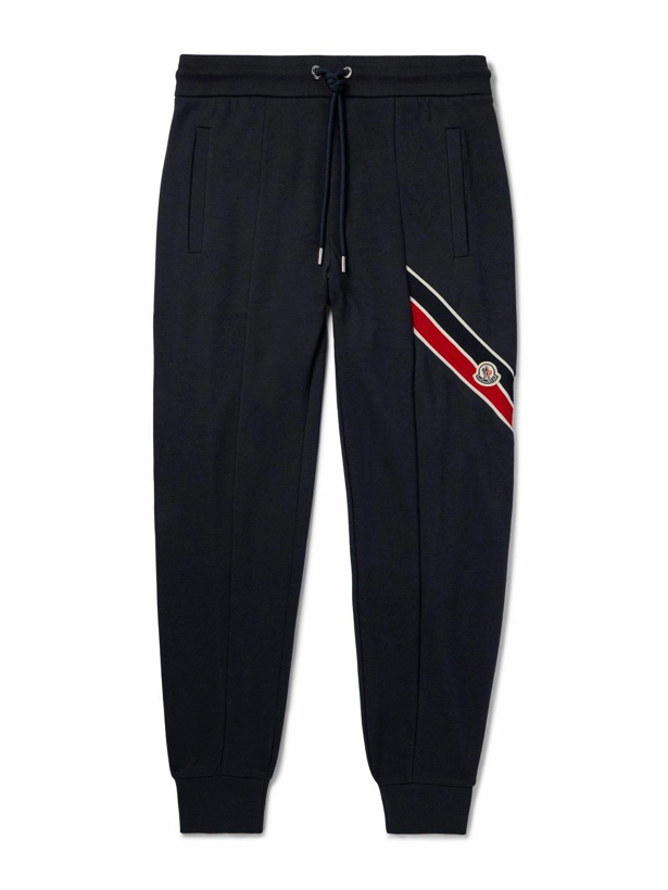 Photo: Moncler - Logo-Appliquéd Webbing-Trimmed Cotton-Blend Jersey Sweatpants - Blue