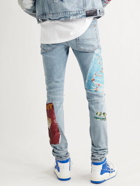 AMIRI - Playboy Skinny-Fit Distressed Printed Stretch-Denim Jeans - Blue