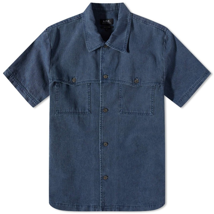 Photo: A.P.C. Men's Gilles Short Sleeve Washed Denim Shirt in Blue