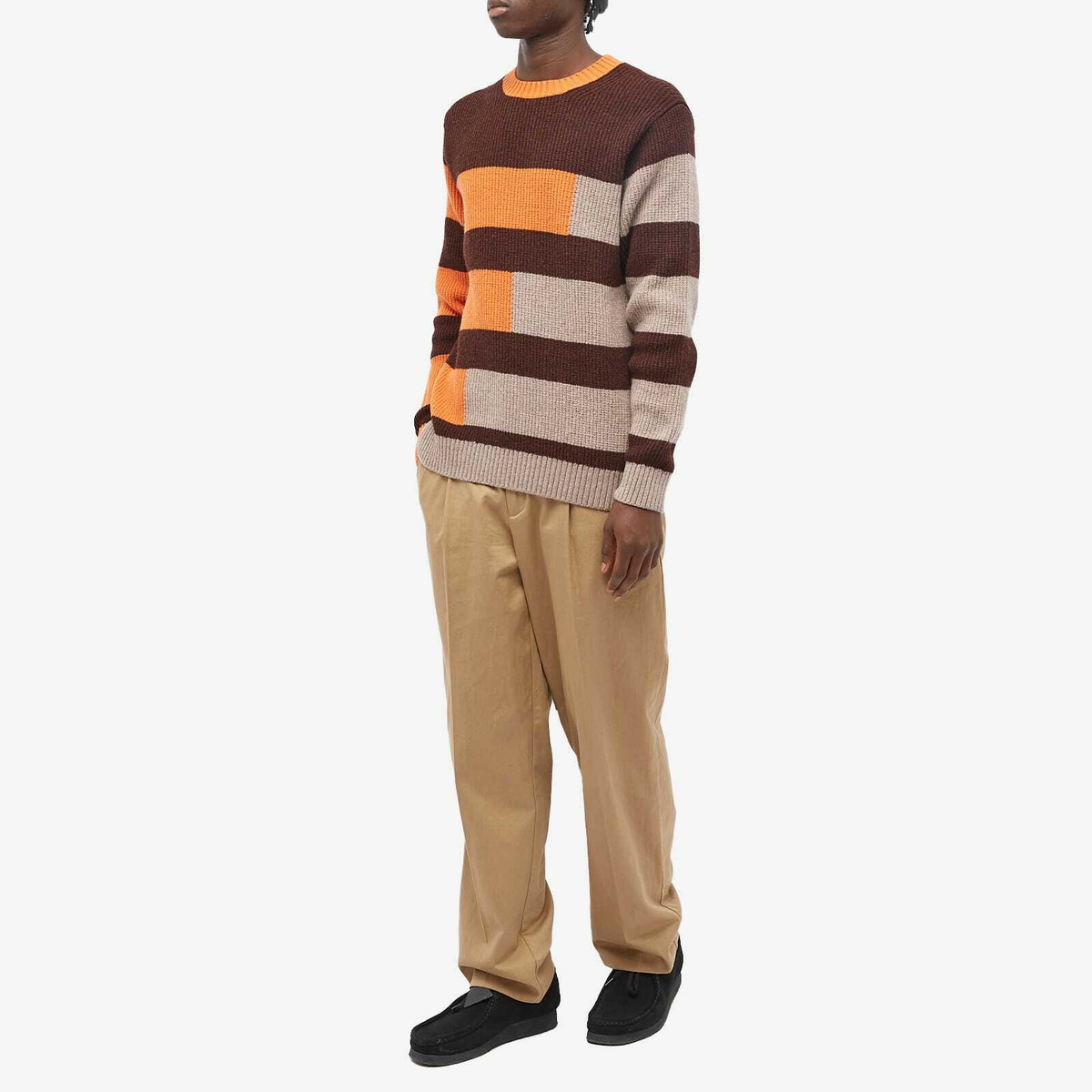 Country Of Origin Men's Stepped Stripe Crew Knit in Raisin/Mushroom/Turmeric