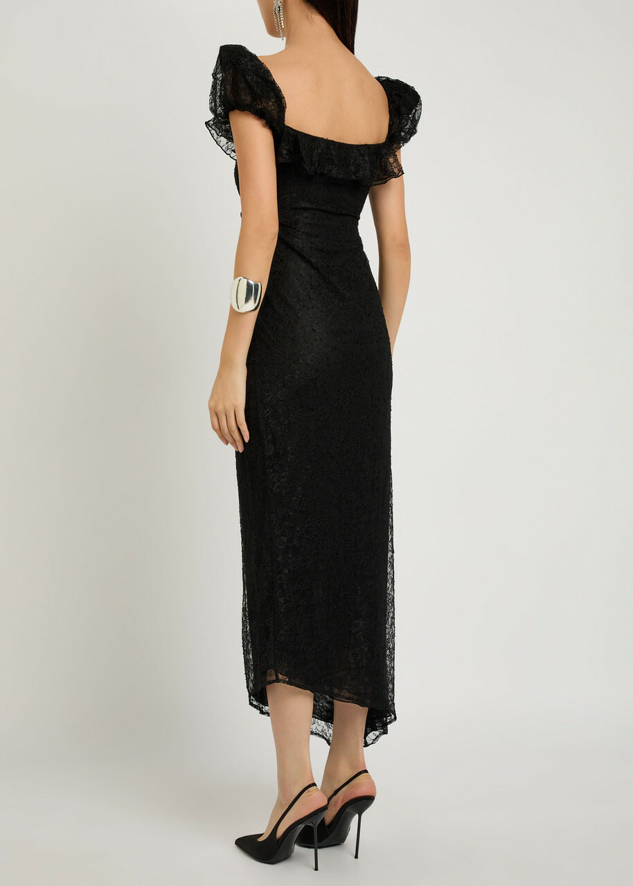DE LA Vali Eden Ruffle-trimmed Lace Midi Dress Black