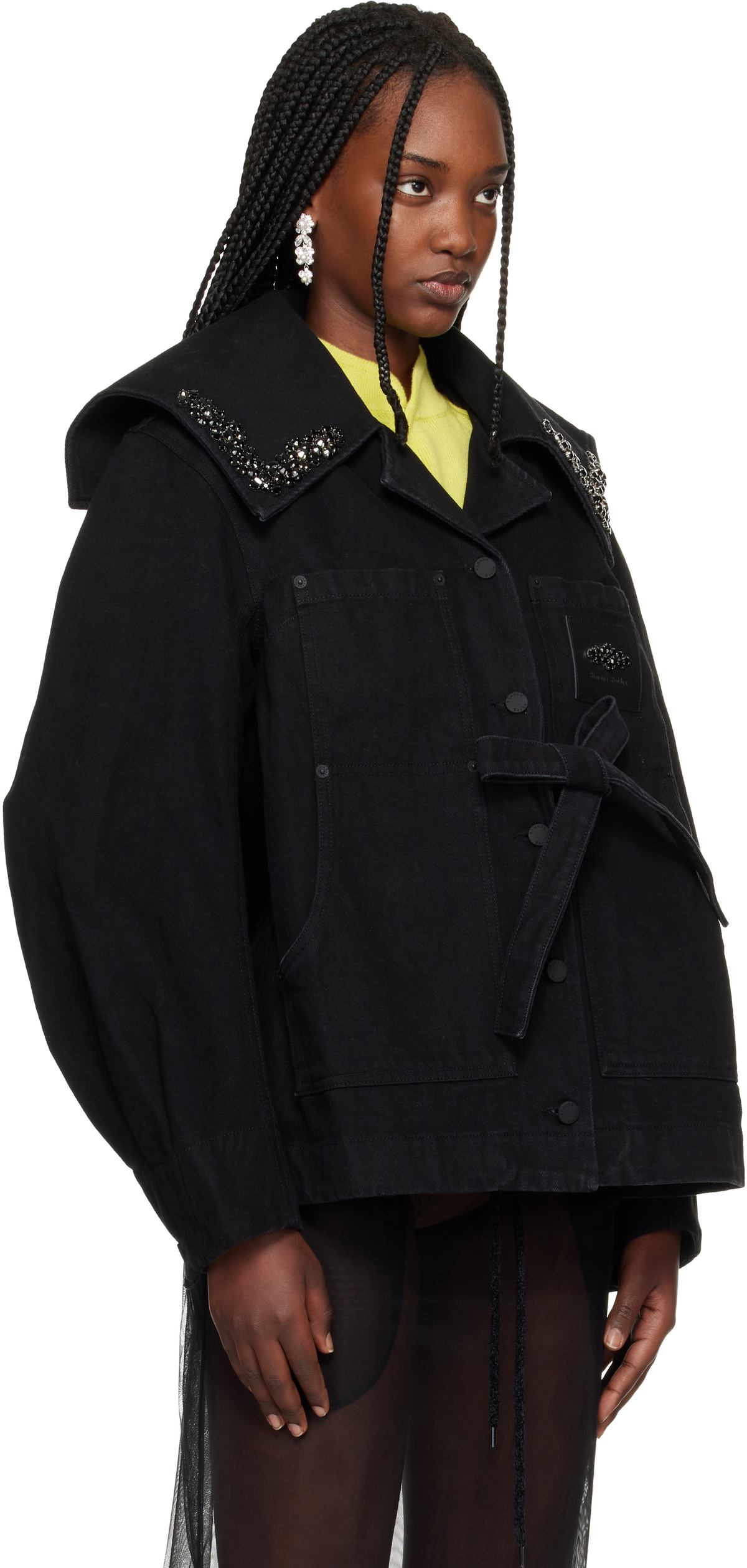 Simone Rocha Black Sailor Collar Workwear Bow Denim Jacket