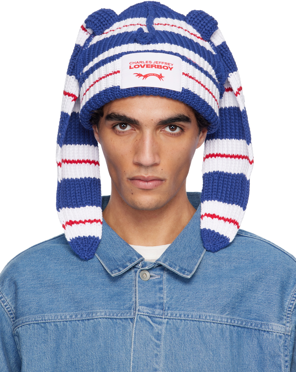 Blue & White Chunky Rabbit Beanie by Charles Jeffrey LOVERBOY on Sale