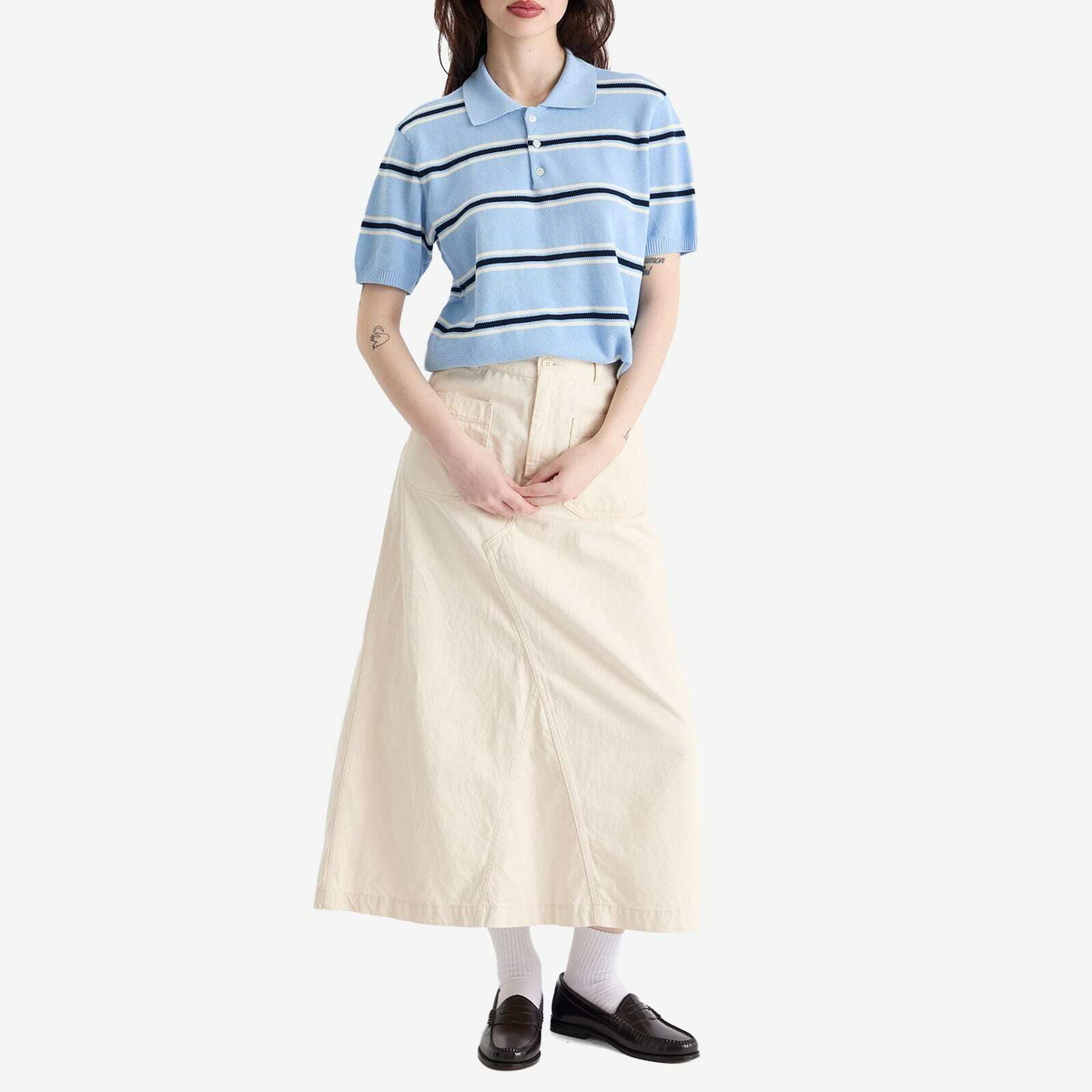 DUNST Women's Unisex Striped Polo Knit in Skyblue/Cream