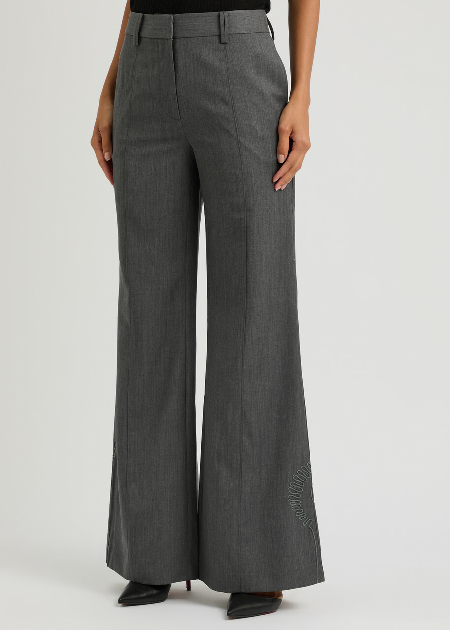 Clea Hunter Embroidered Flared-leg Wool Trousers Grey