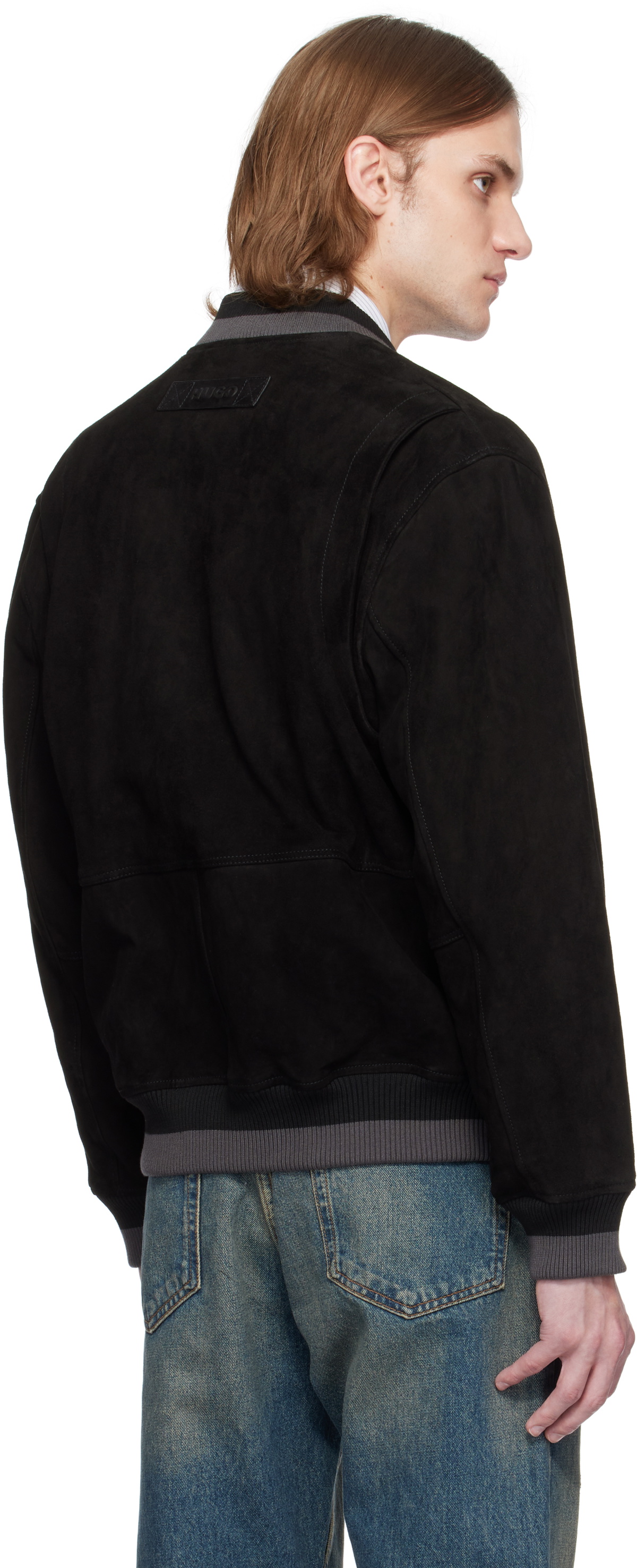 Hugo Black Ribbed-Trim Suede Bomber Jacket
