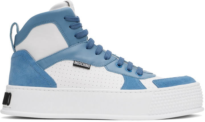 Photo: Moschino White & Blue Bumps & Stripes High-Top Sneakers