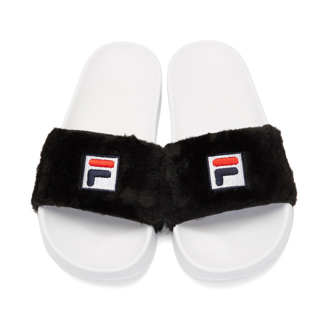 Baja East Black and White Fila Edition Shearling Drifter Slides