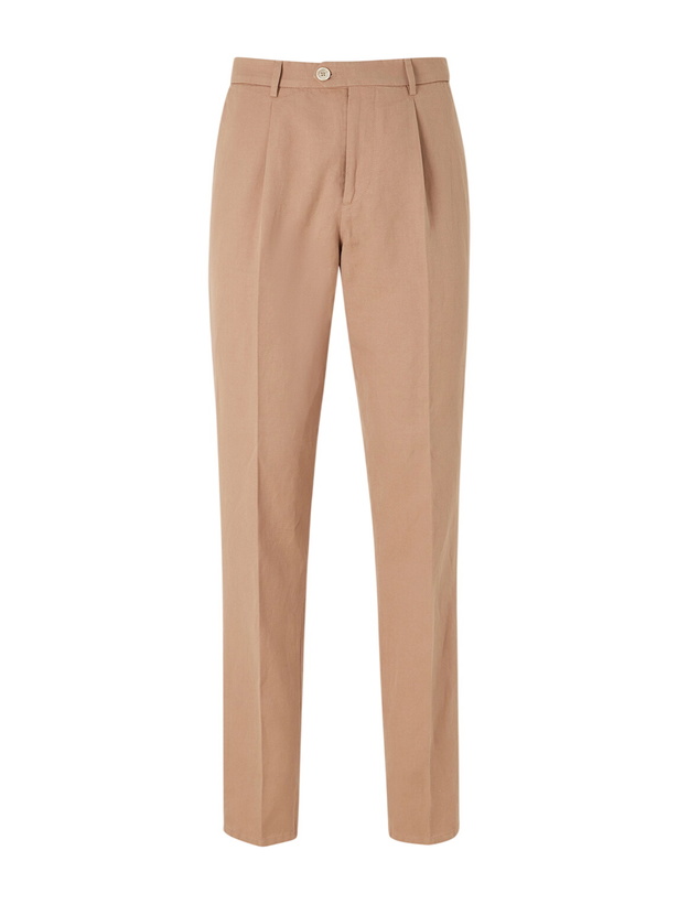 Photo: Brunello Cucinelli - Straight-Leg Pleated Cotton and Linen-Blend Trousers - Brown
