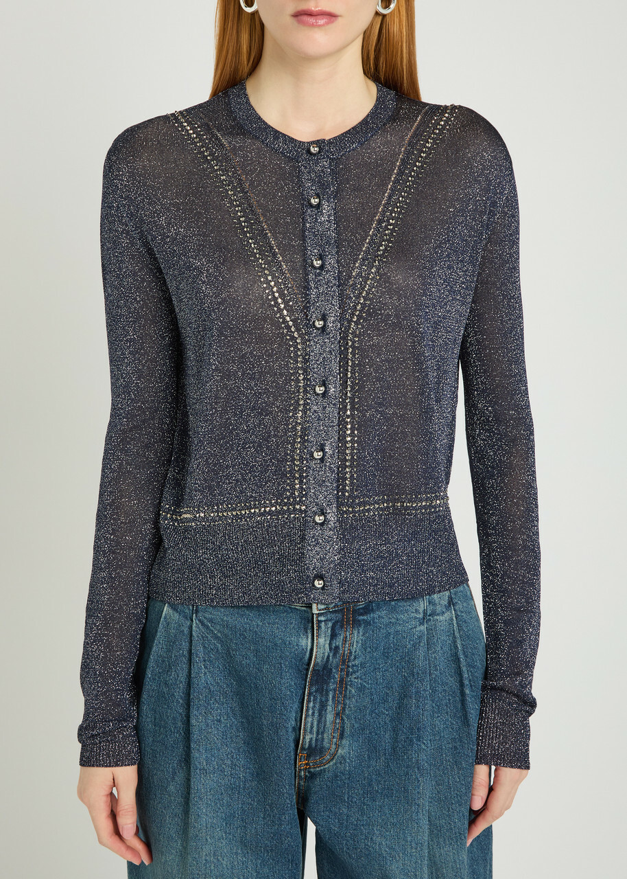 Rabanne Embellished Metallic-knit Cardigan Navy