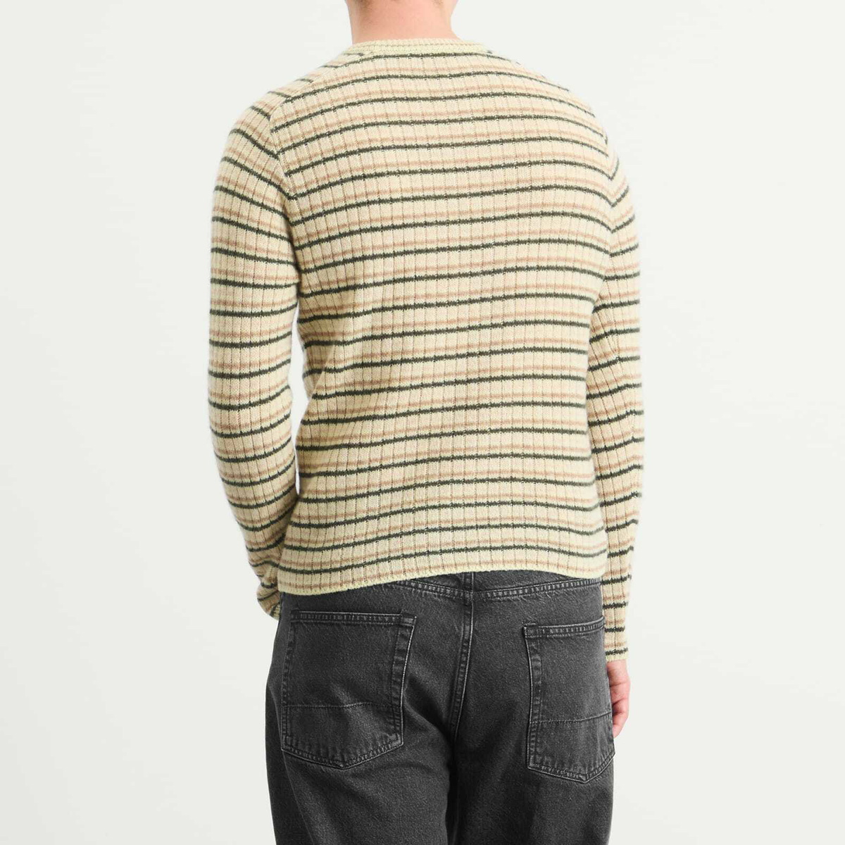 Auralee Men's Shetland Wool Cashmere Rib Knit P/O in Ivory Stripe