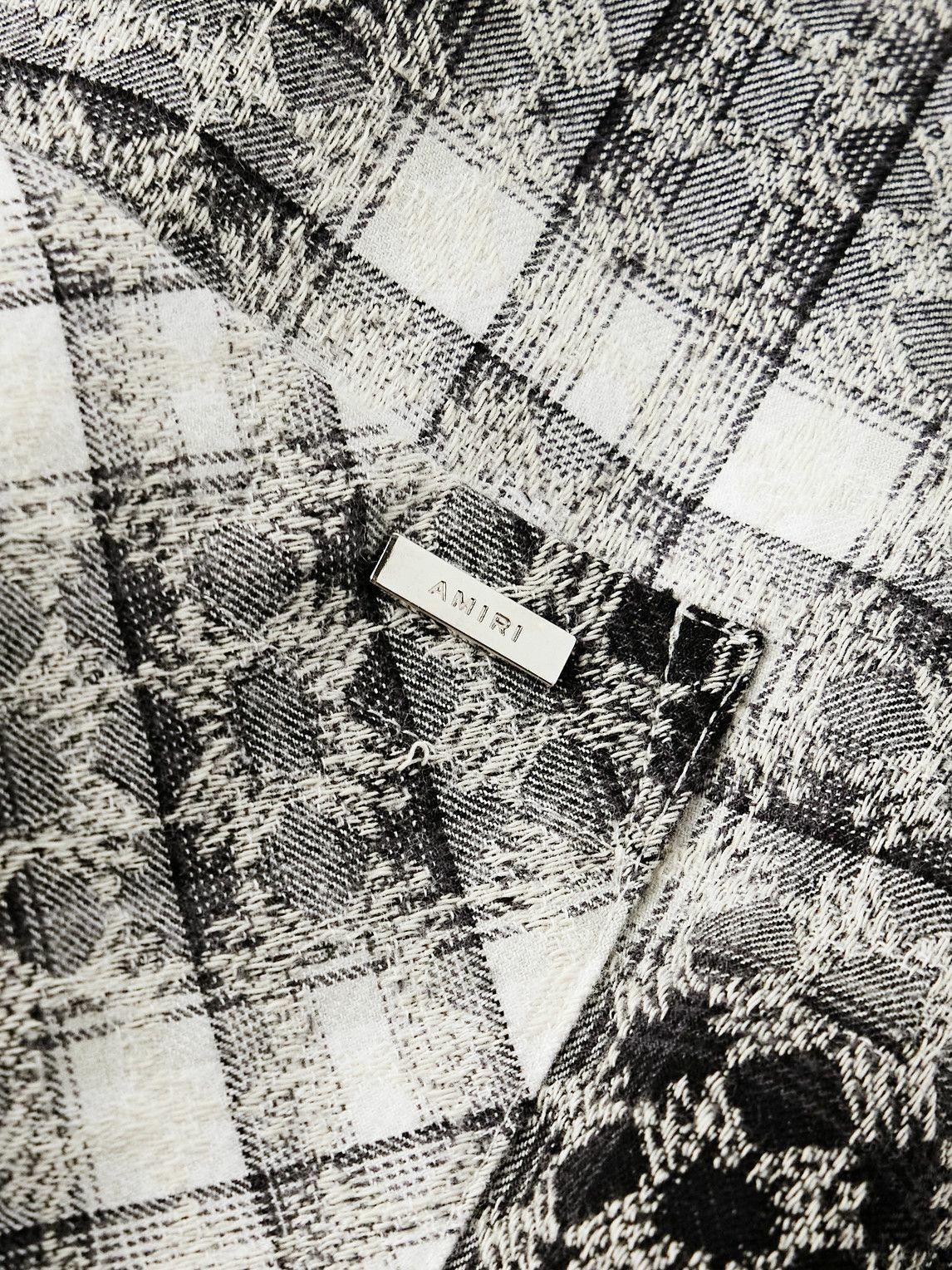 AMIRI バックロゴ ペイント リネン カットオフ加工 チェックシャツ XS