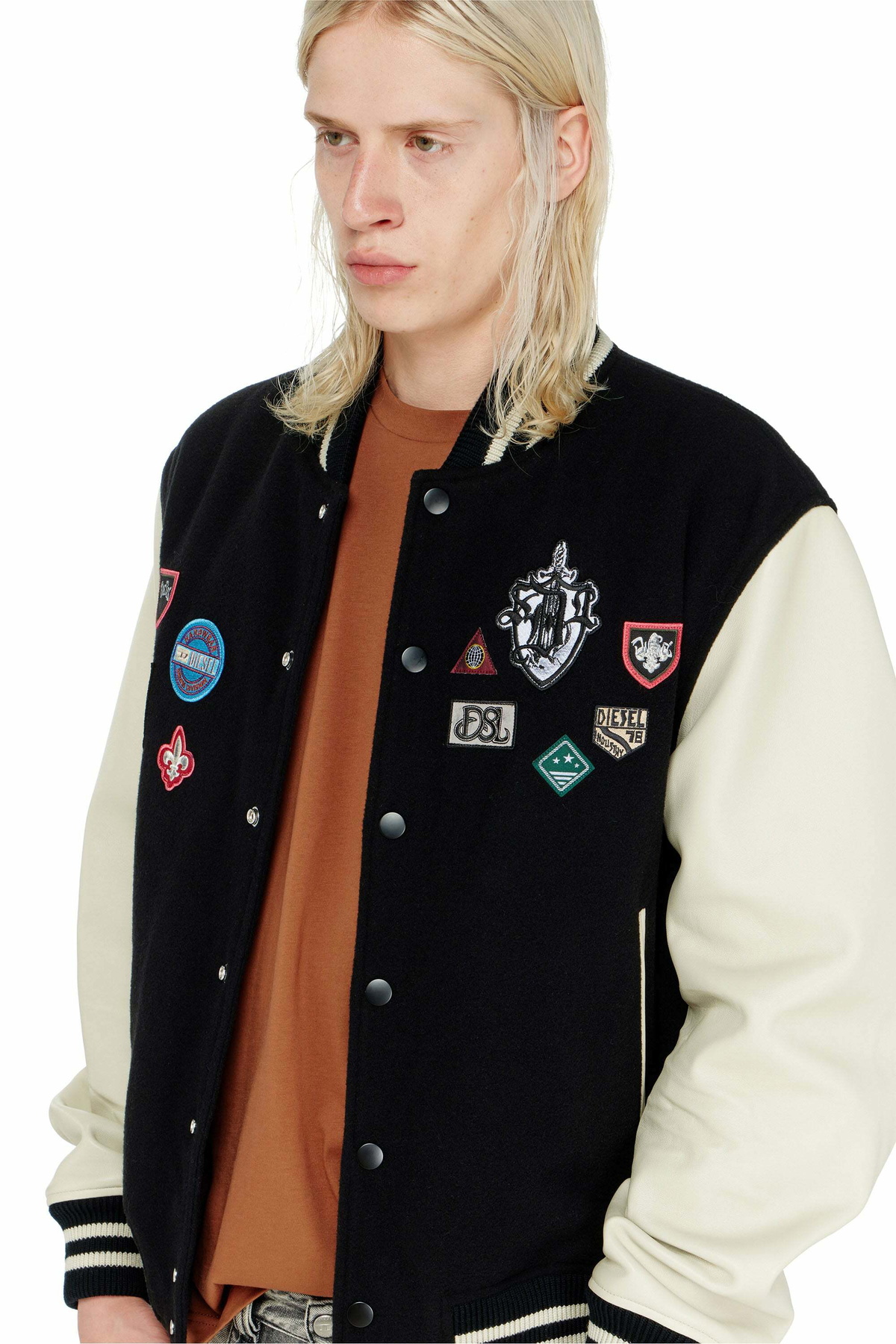 Diesel Wool and leather bomber jacket with patches - Leather jackets Mens in Multicolor