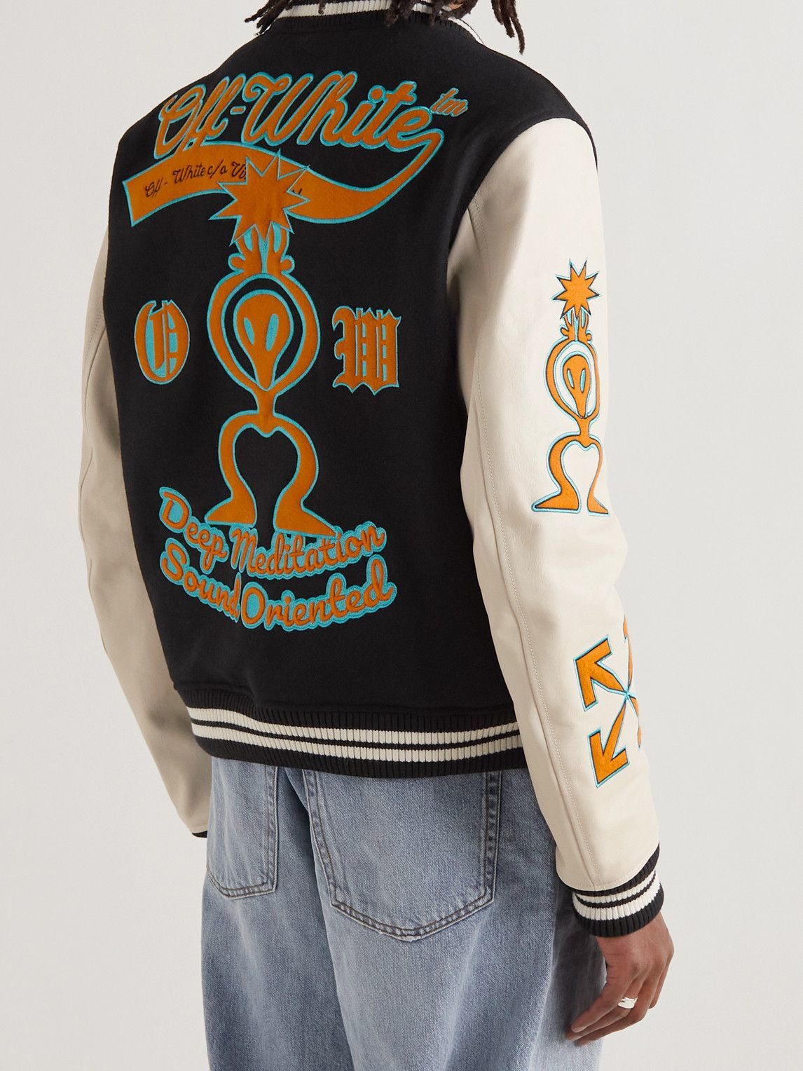 Off-white Appliquéd Wool-blend And Leather Varsity Jacket In Blue And  Orange