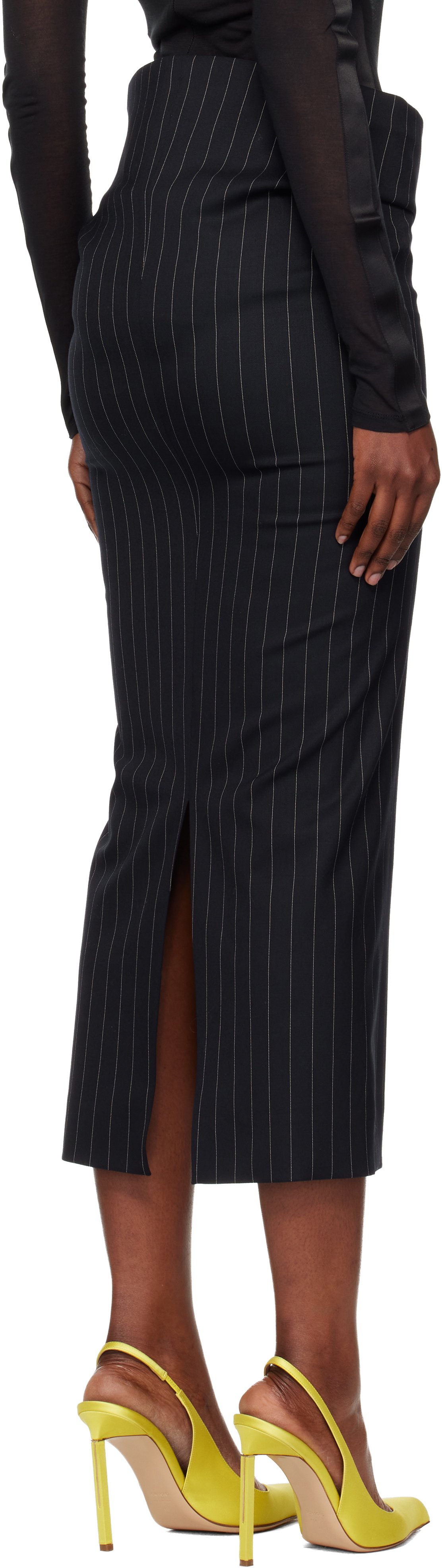 Mugler Navy Pinstripe Stretch Tube Midi Skirt