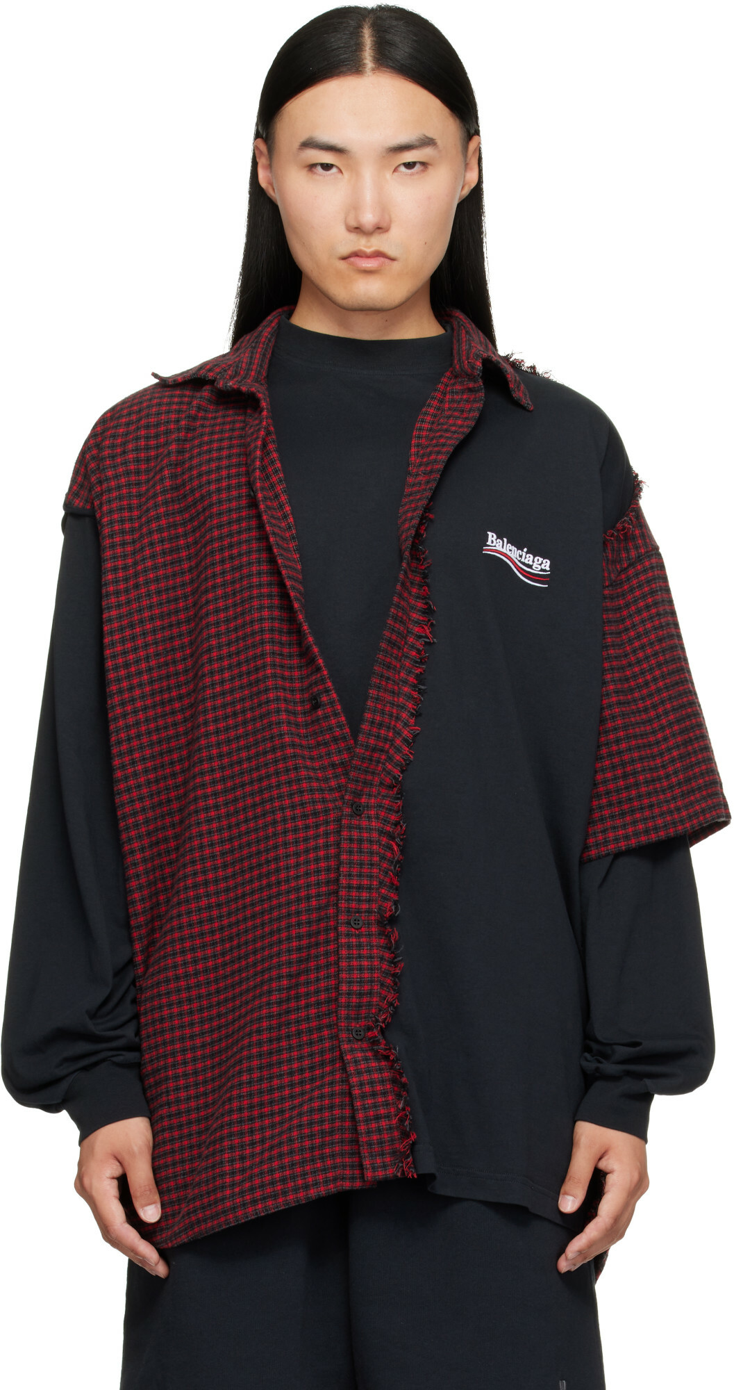 Balenciaga Red & Black Check Patched Shirt